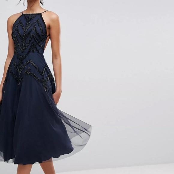 NWOT ASOS Design  navy blue tulle dress with black beading and open back - Picture 1 of 9